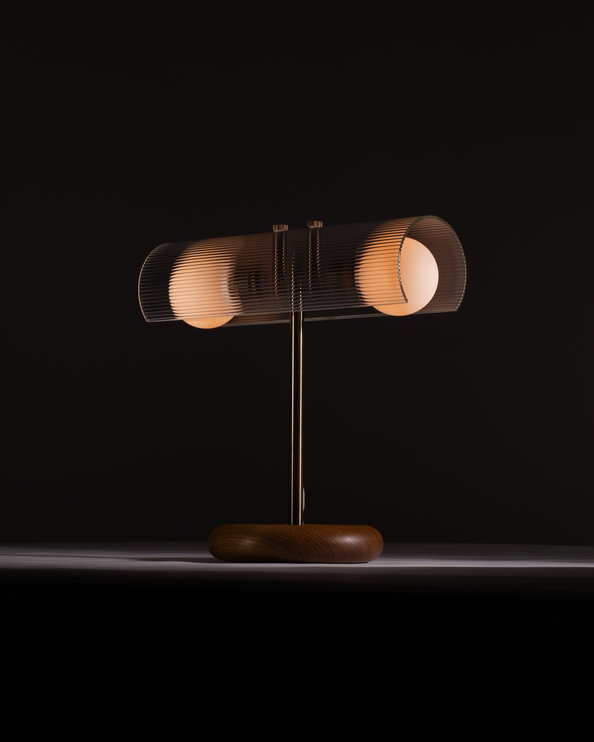 Fluted Double Sphere Smoked Oak Table Lamp