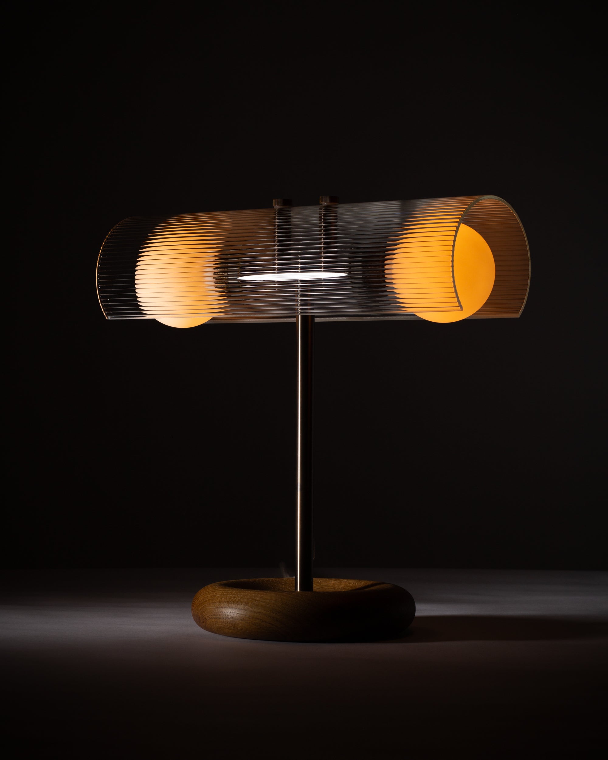Fluted Double Sphere Smoked Oak Table Lamp