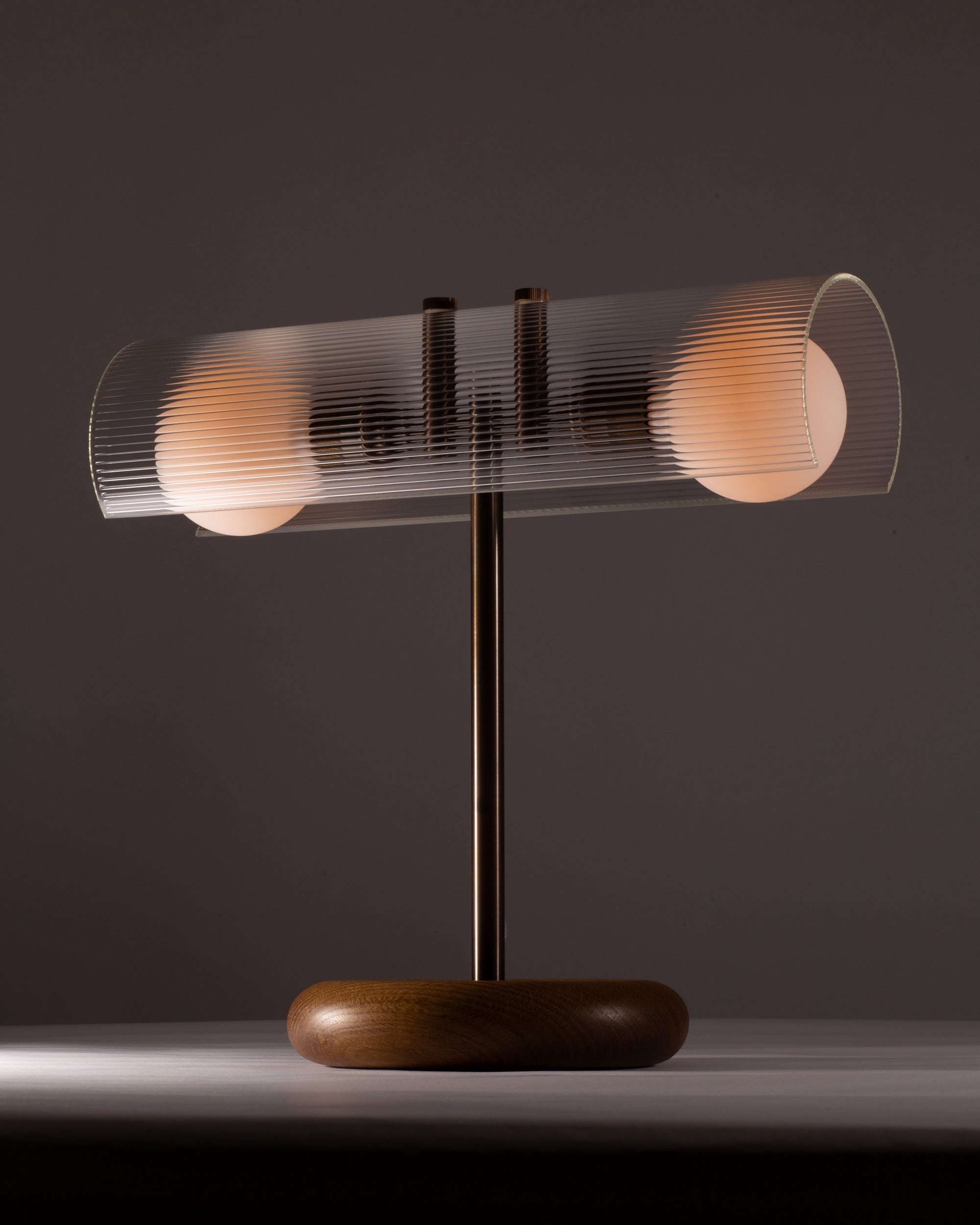 Fluted Double Sphere Smoked Oak Table Lamp