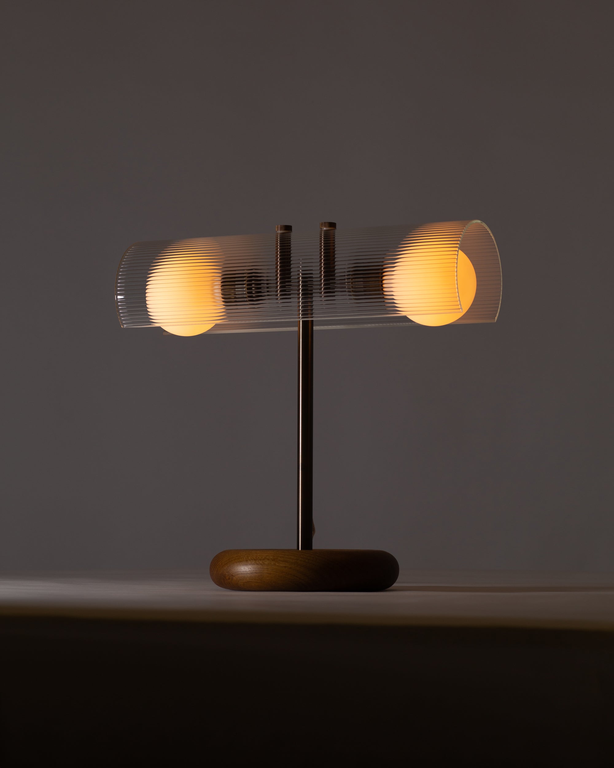 Fluted Double Sphere Smoked Oak Table Lamp