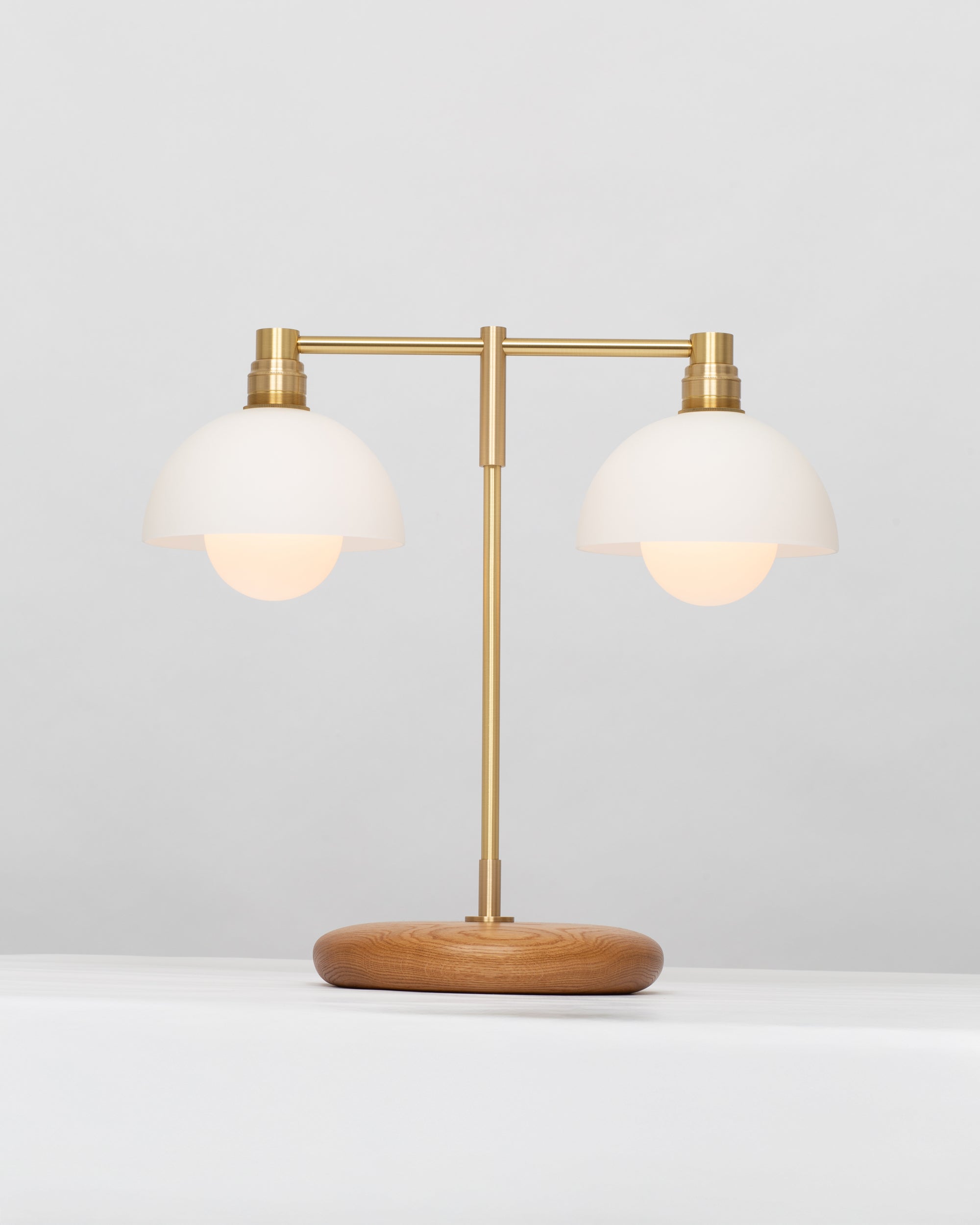 Double Matte White Glass Dome Oak Table Lamp