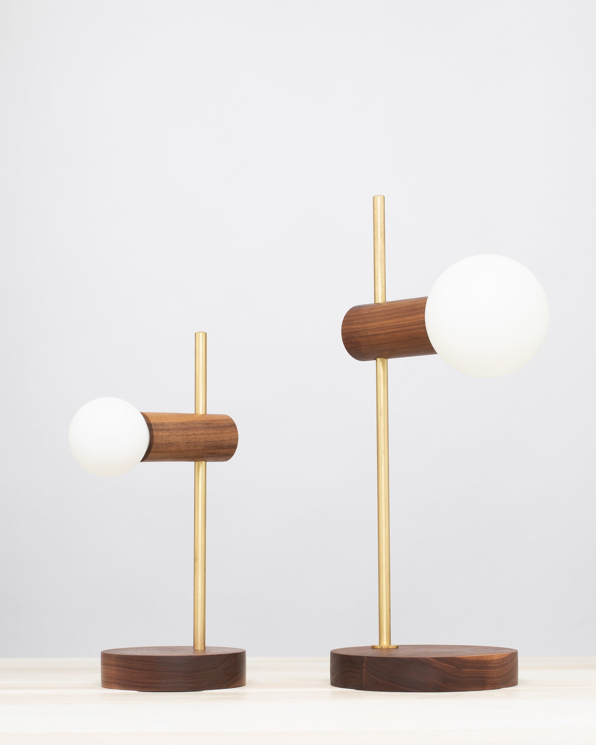 Stem Brass and Walnut table lamp with Sphere Dim to Warm bulbs