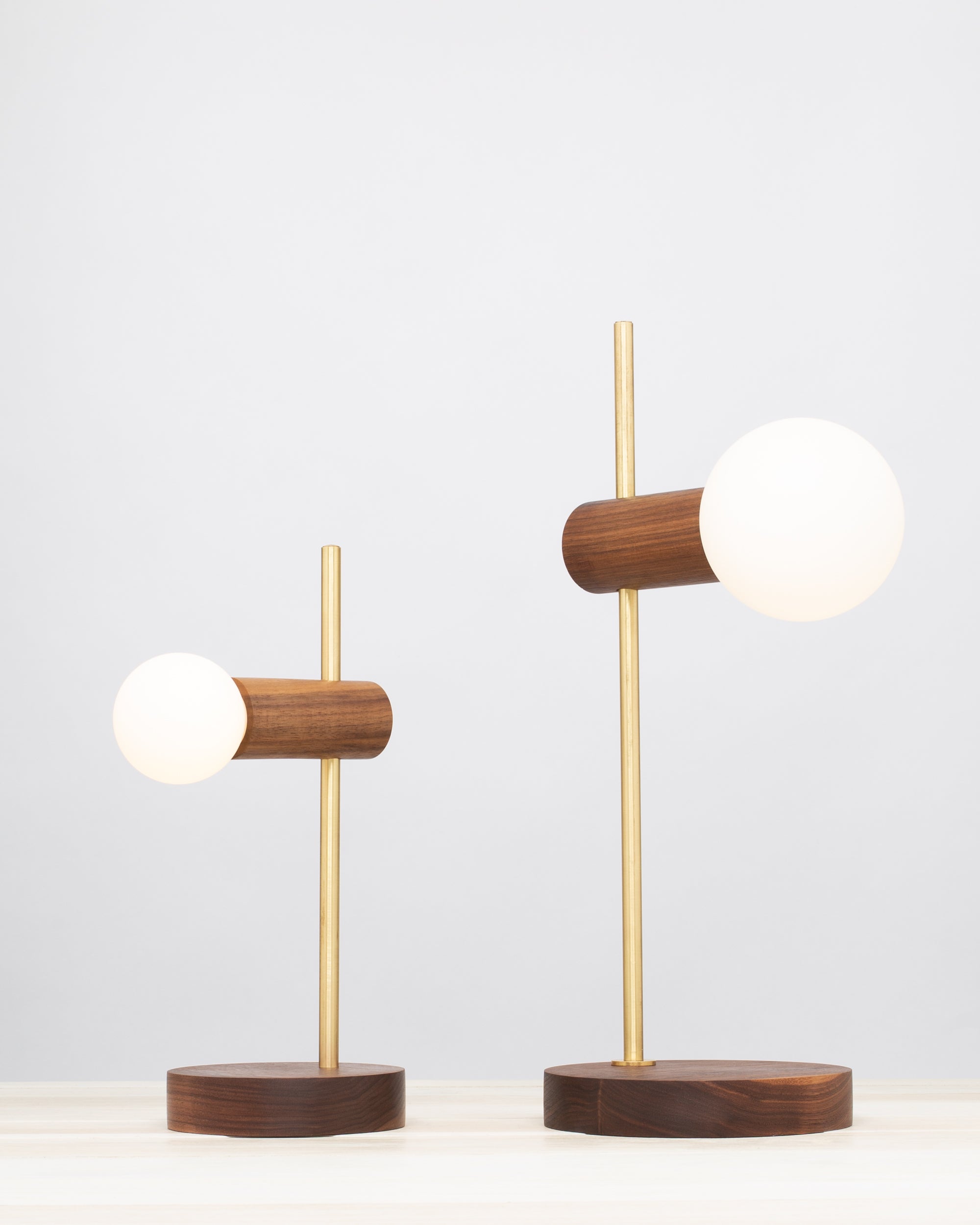 Stem Brass and Walnut table lamp with Sphere Dim to Warm bulbs