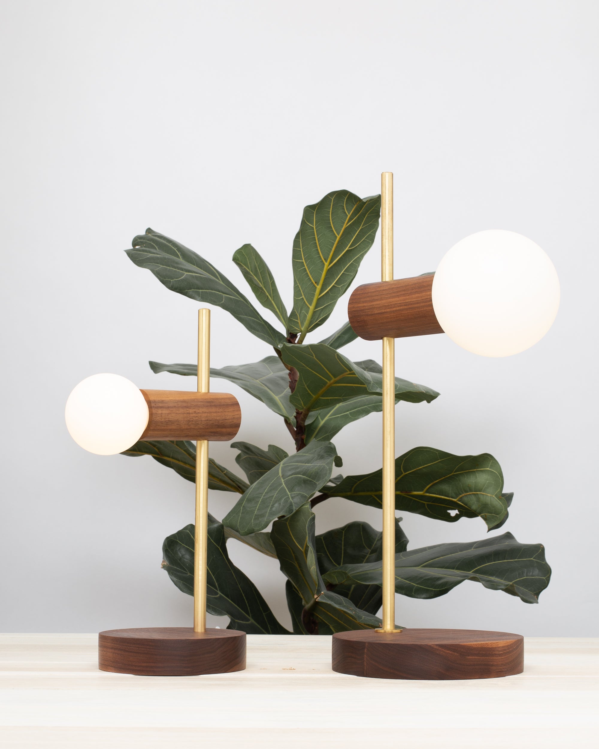 Stem Brass and Walnut table lamp with Sphere Dim to Warm bulbs