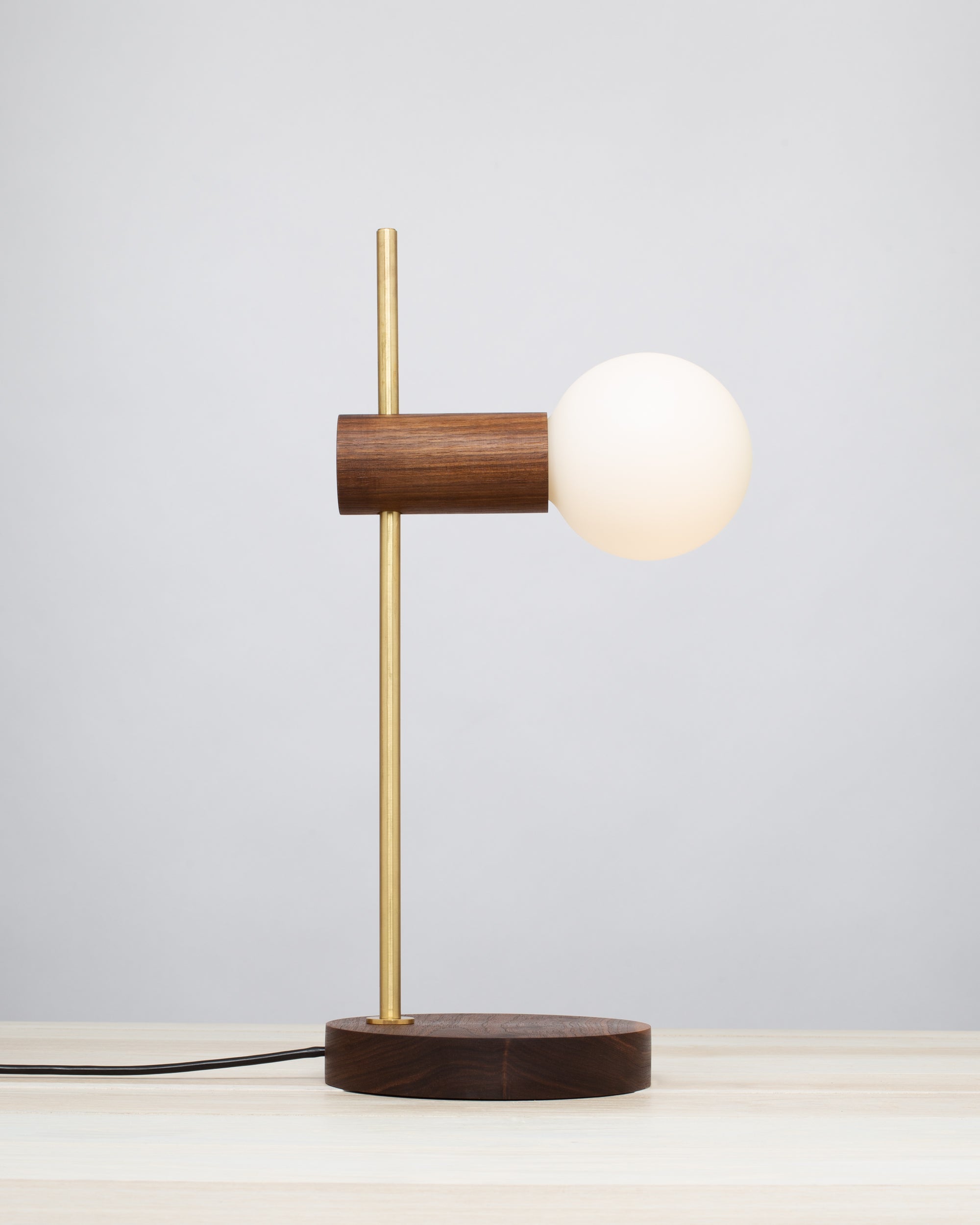 Stem Brass and Walnut table lamp with Sphere Dim to Warm bulbs